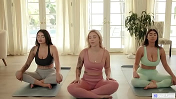 Yoga session turns into steamy lesbian encounter among Kali Roses, Violet Myers, and Carolina Cortez